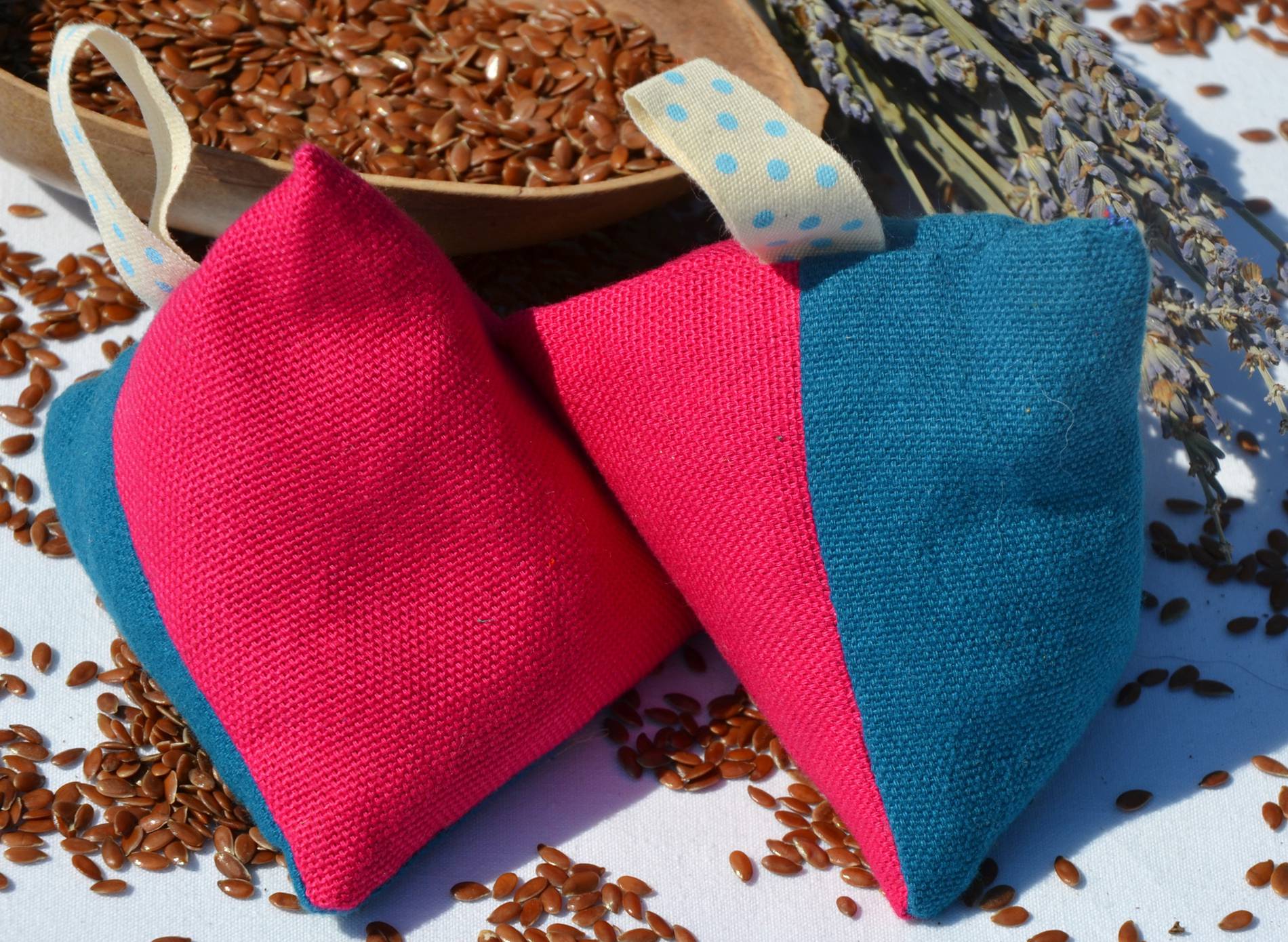 Fil en Poche-Bouillotte sèche artisanale belingots chauffe mains en graines de lin bio et lavande bio  - rose / bleu