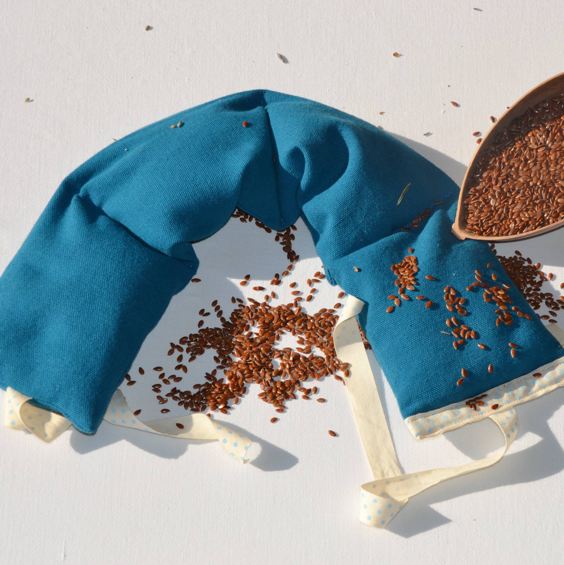 Fil en Poche-Bouillotte sèche artisanale Tour de cou en graines de lin bio-bleu